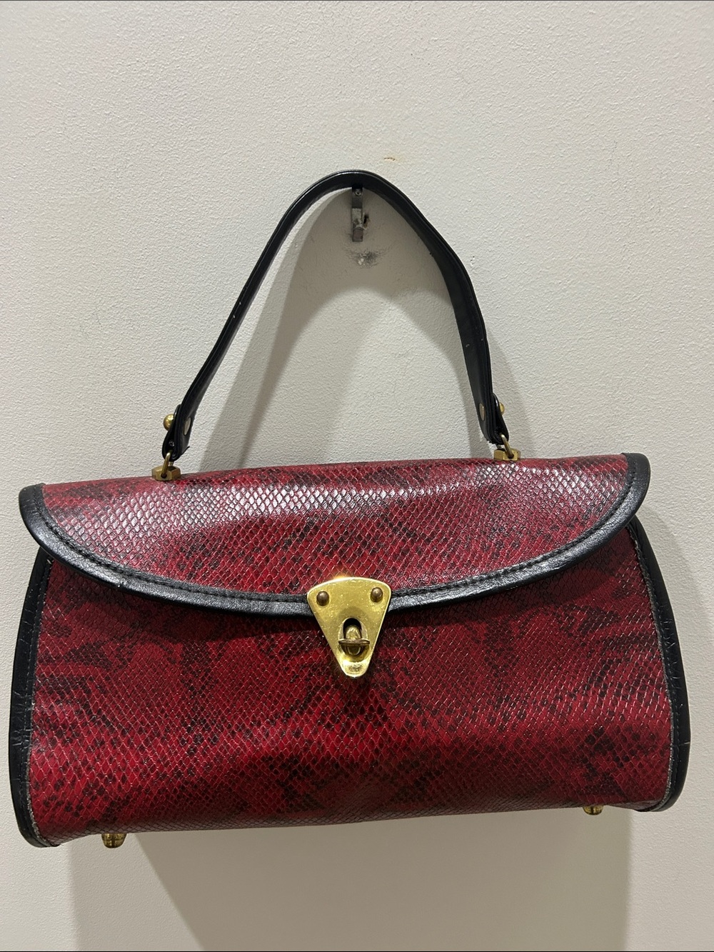 Vintage Calderon Red Snake-Print Top-Handle Satchel with Gold-Tone Lock